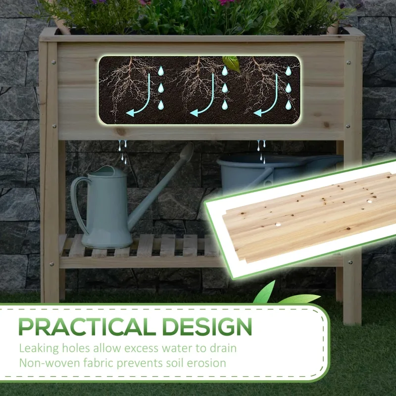 Outsunny Wooden Raised Garden Bed Standing Elevated Planter Box with Storage Shelf for Flowers, Vegetables, and Herbs, 36"L x 16"W x 32"H, Natural
