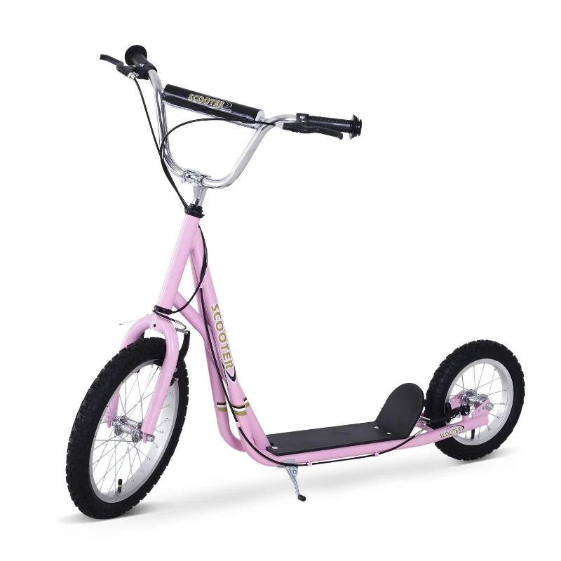 Homcom Adjustable Teen Kick Scooter Child Pro Stunt Scooter Ride On Speeder Kids Street Bike 16" Inflatable Tire Pink
