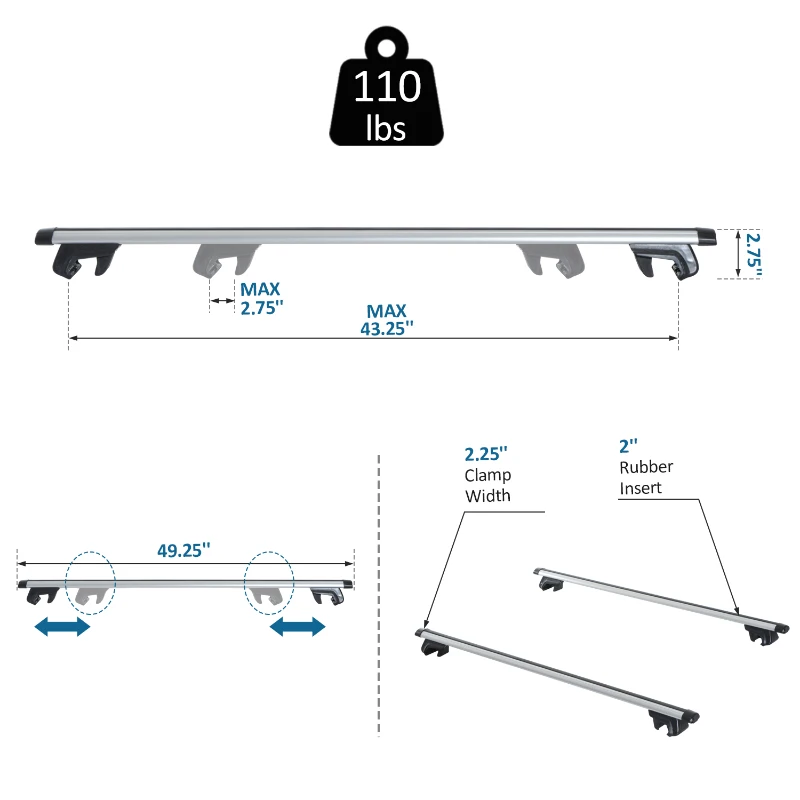 HOMCOM Cargoloc Crossbars Roof Top 2 PC Aluminum Cross Bars Lockable Adjustable Baggage Luggage Roof Rack, Silver (49")