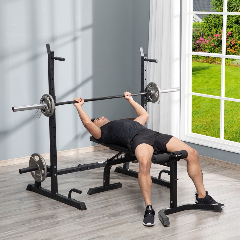 Soozier Multi-Function Barbell Squat Rack Stand, Heavy-Duty Strength Training Dumbbell Rack, Height Adjustable Weight Lifting Bench Press Dip Station for Home, Gym, Black