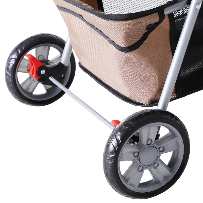 PawHut Puppy Stroller Pet Stroller Cat Dog Wheels Travel Zipper Entry Foldable Carrier Cart Cup Holder Brown