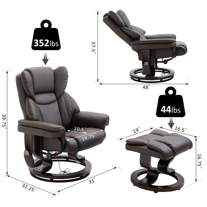 HOMCOM Massage Recliner Chair with Footrest 10 Vibration Point Faux PU Leather Brown
