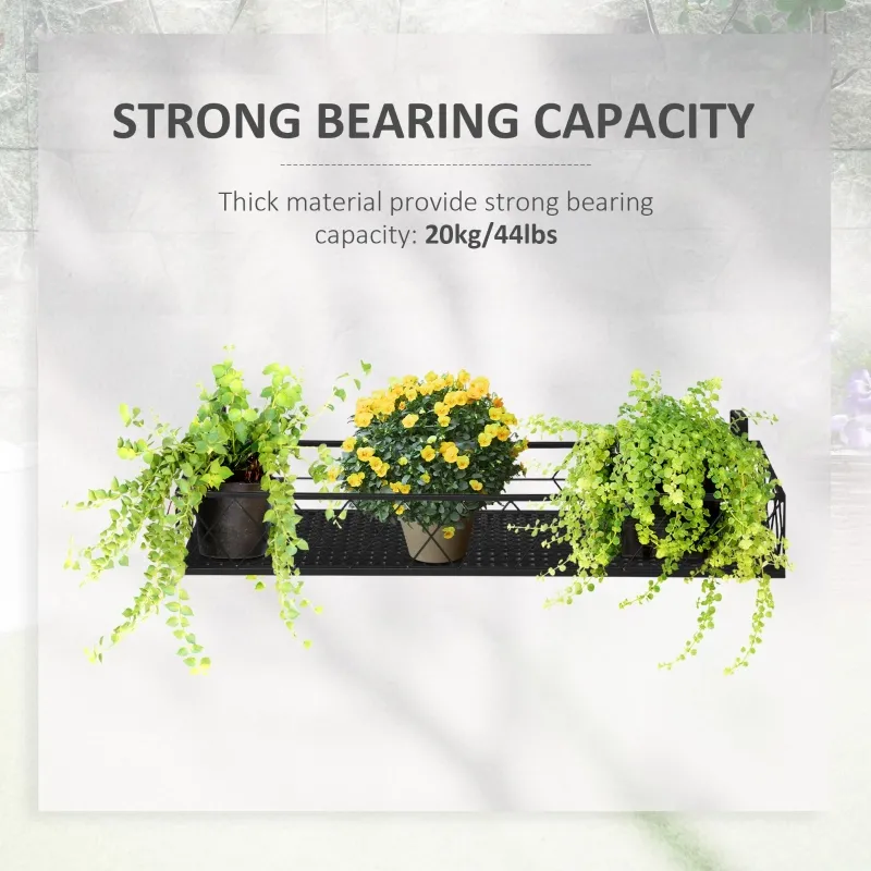 Outsunny 32'' x 12'' Hanging Flower Pot Stand Rack with Hooks, Metal Plant Pot Holder, Railing Shelf, Windows Decorate for Outdoor Garden Balcony Fence Patio