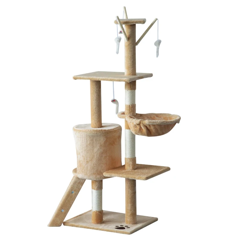 PawHut Cat Jungle Gym 52" Multi-Level Cat Tree Kitten Playhouse Kitty Activity Center Scratching Post Rest Condo with Hammock Beige