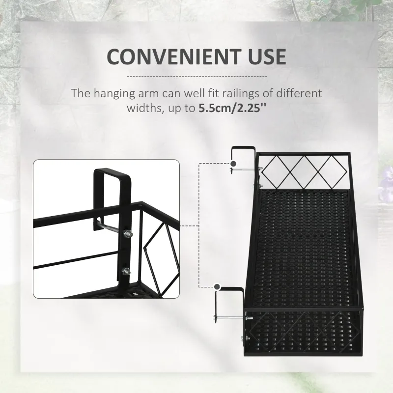 Outsunny 32'' x 12'' Hanging Flower Pot Stand Rack with Hooks, Metal Plant Pot Holder, Railing Shelf, Windows Decorate for Outdoor Garden Balcony Fence Patio