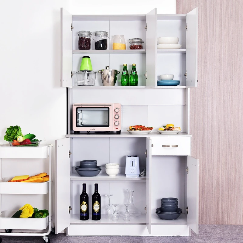 HOMCOM White Kitchen Cupboards 71” Buffet Server Microwave Storage Cabinet Hutch- White