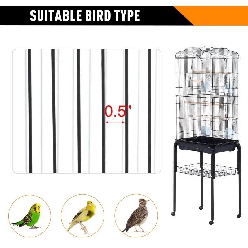 PawHut Budgie Cage 63" Rolling Bird Cage Macaw Cockatoo House Parrot Play Top Finch Pet Supply with Wheels Black