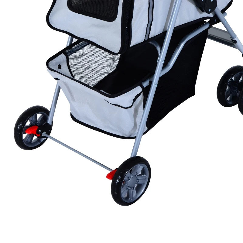 PawHut Jogging Stroller 4 Wheel Pet Stroller Carrier Folding Sunshade Oxford Cloth Canopy w/Brake Lightweight Reflective Strip Grey
