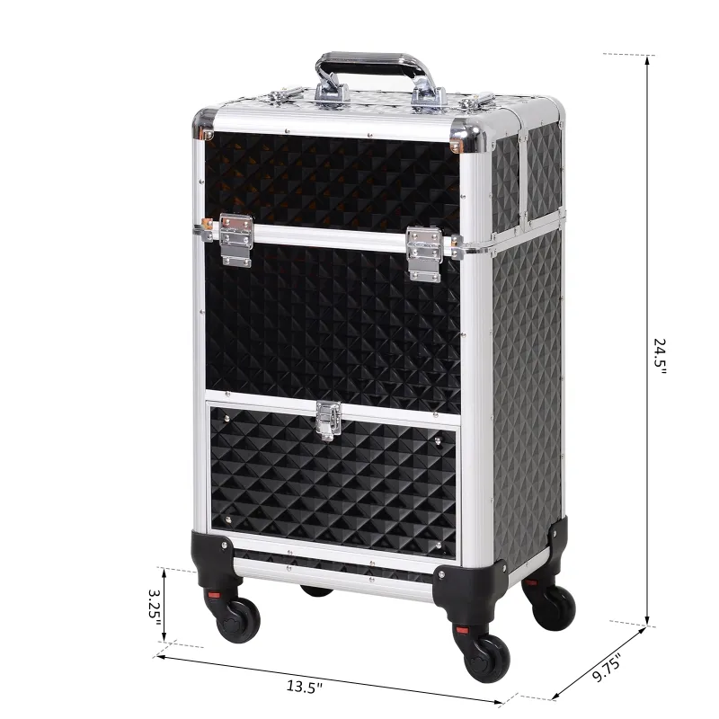 Homcom Makeup Case 20”Train Pro Aluminum Rolling Train Case Wheeled Box Upright Studded Black