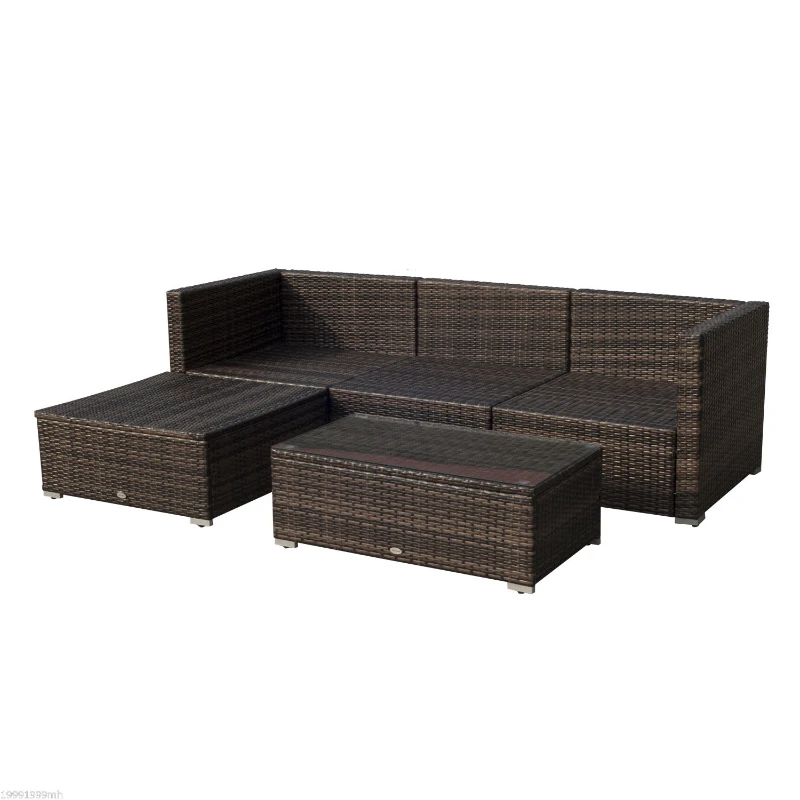 Outsunny 5PC Outdoor Rattan Wicker Sofa Set Aluminum Frame Garden Sectional Patio Furniture with Table Brown
