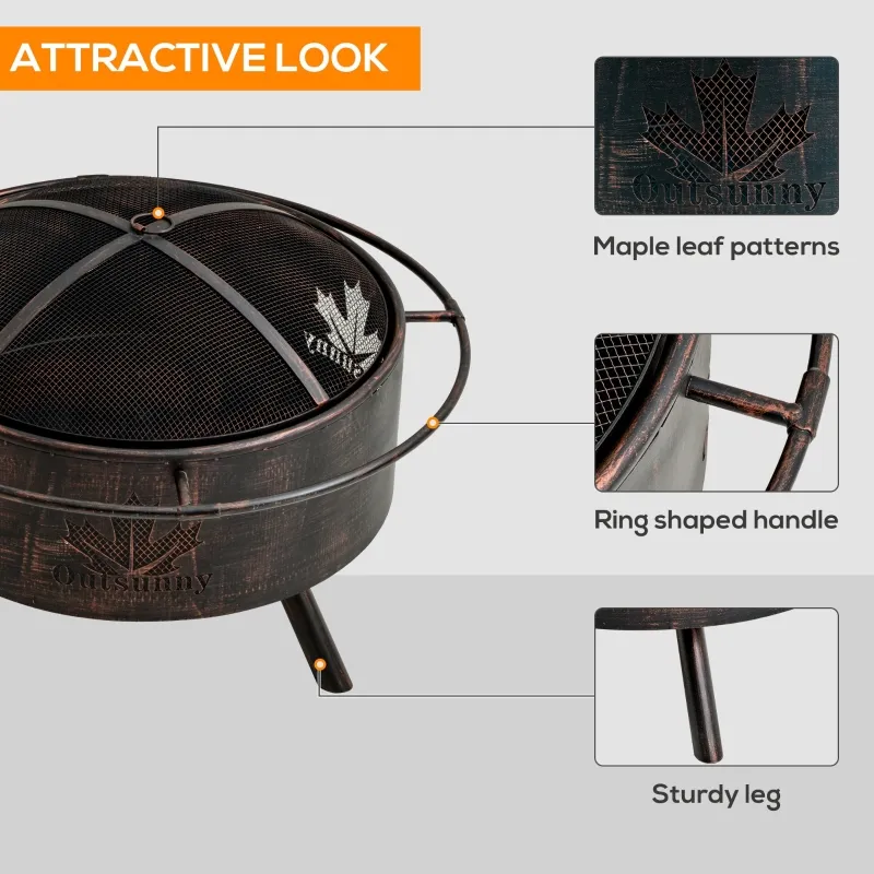 Outsunny 30" Outdoor Fire Pit with Screen Cover, Portable Wood Burning Firebowl Basin with Poker for Patio, Backyard, Black