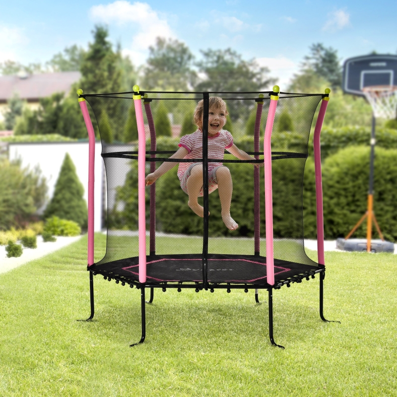 Soozier 64" Kids Trampoline Mini Indoor/Outdoor Bouncer Jumper with Enclosure Net Elastic Thick Padded Pole Gift for Child Toddler Age 3-10 Years Old Pink