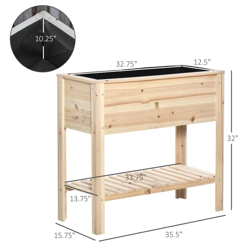 Outsunny Wooden Raised Garden Bed Standing Elevated Planter Box with Storage Shelf for Flowers, Vegetables, and Herbs, 36"L x 16"W x 32"H, Natural