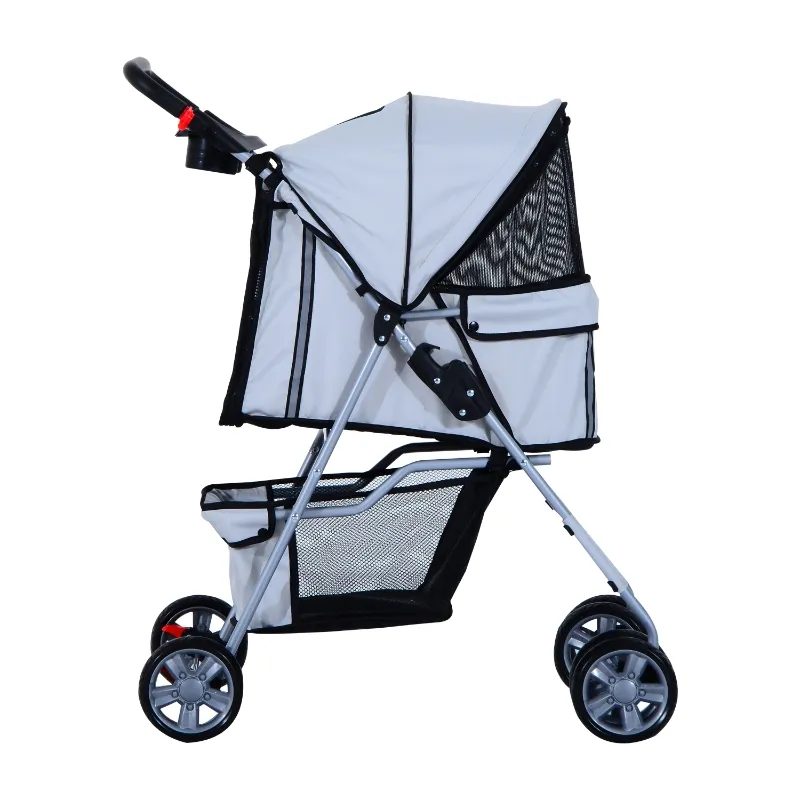 PawHut Jogging Stroller 4 Wheel Pet Stroller Carrier Folding Sunshade Oxford Cloth Canopy w/Brake Lightweight Reflective Strip Grey