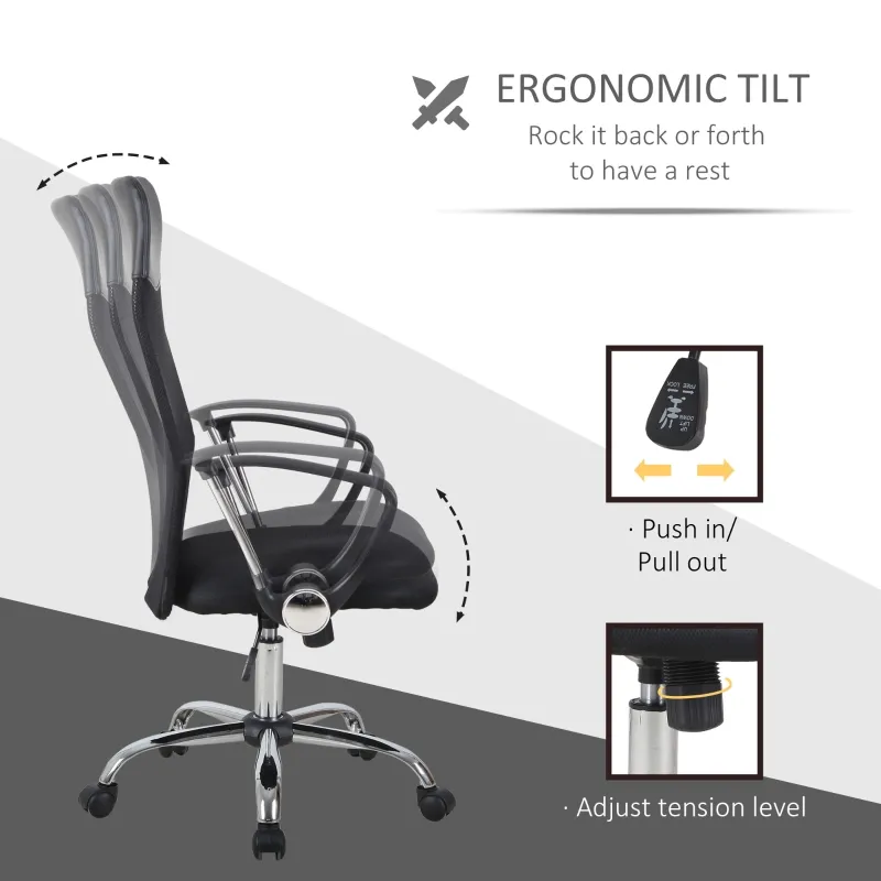 HOMCOM Office Chair High Back Ergonomic Mesh Swivel Computer Executive Desk Armchair Height Adjustable with Wheels, Black