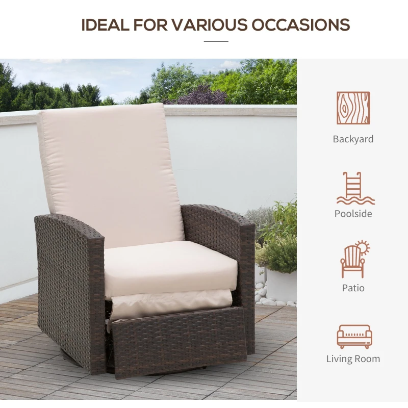 [Pick UP] Outsunny Deluxe Swivel Rattan Wicker Sofa Chair Reclining Lounge Outdoor Patio Furniture with Cushion, Brown/Kaki