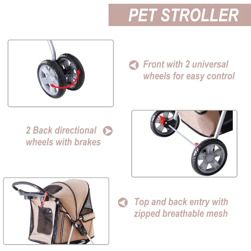 PawHut Puppy Stroller Pet Stroller Cat Dog Wheels Travel Zipper Entry Foldable Carrier Cart Cup Holder Brown