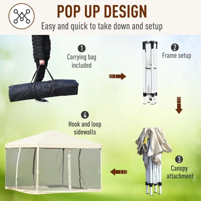 Outsunny 10' x 10' Pop Up Canopy Tent Gazebo with Removable Mesh Sidewall Netting, Carry Bag for Backyard Patio Outdoor, Beige