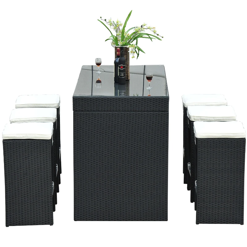 [Pick UP] Outsunny 7 Pcs Bar Rattan Set 1 Table w/ 6 Stools and Cushion Wicker Furniture Dining Set Garden