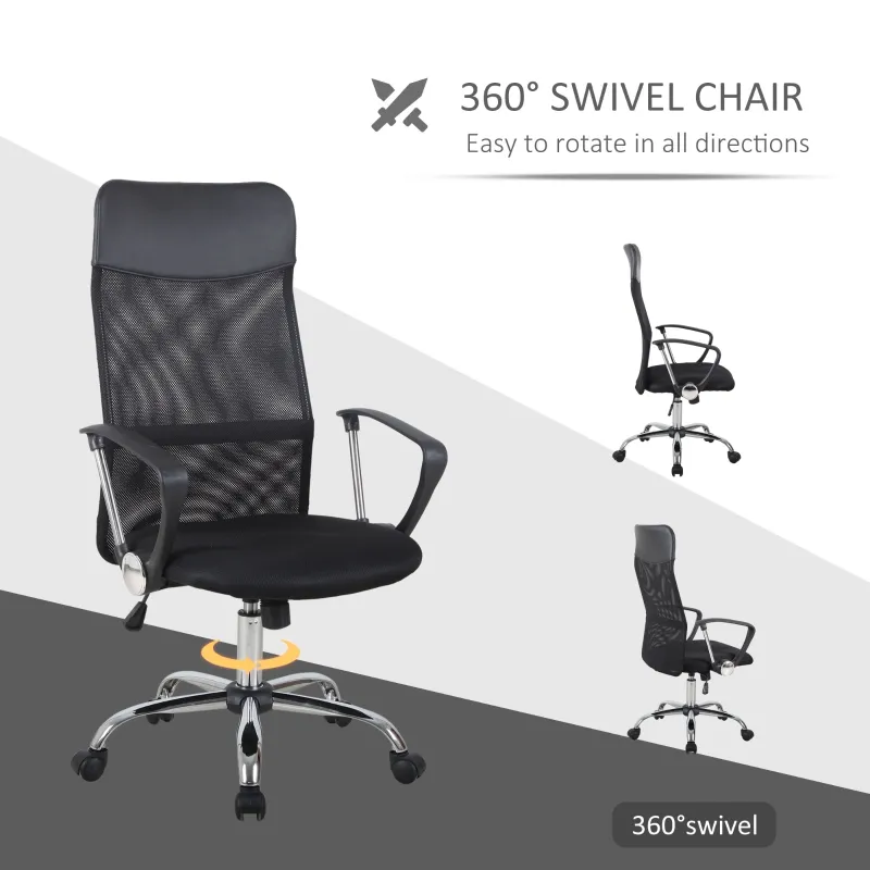 HOMCOM Office Chair High Back Ergonomic Mesh Swivel Computer Executive Desk Armchair Height Adjustable with Wheels, Black