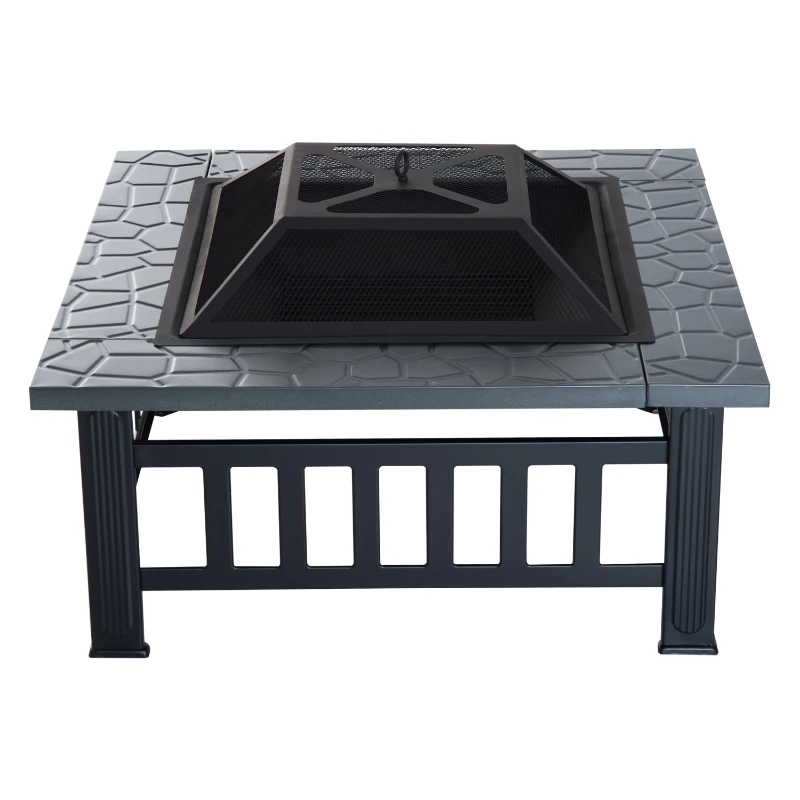 Outsunny Metal Fire Pit Square Fire Fit 32Inch Outdoor Steel Firepit Backyard Patio Garden Stove w/ Rain Cover