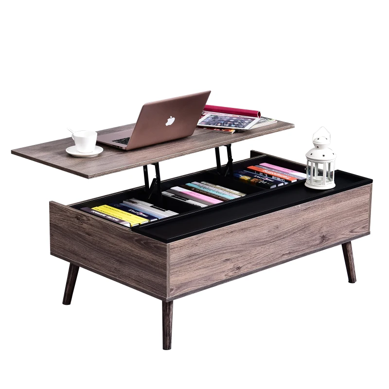 HOMCOM Lift Up Coffee Table Storage Compartment Metal Grey Wood