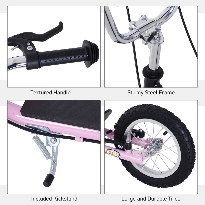 Homcom Adjustable Teen Kick Scooter Child Pro Stunt Scooter Ride On Speeder Kids Street Bike 16" Inflatable Tire Pink