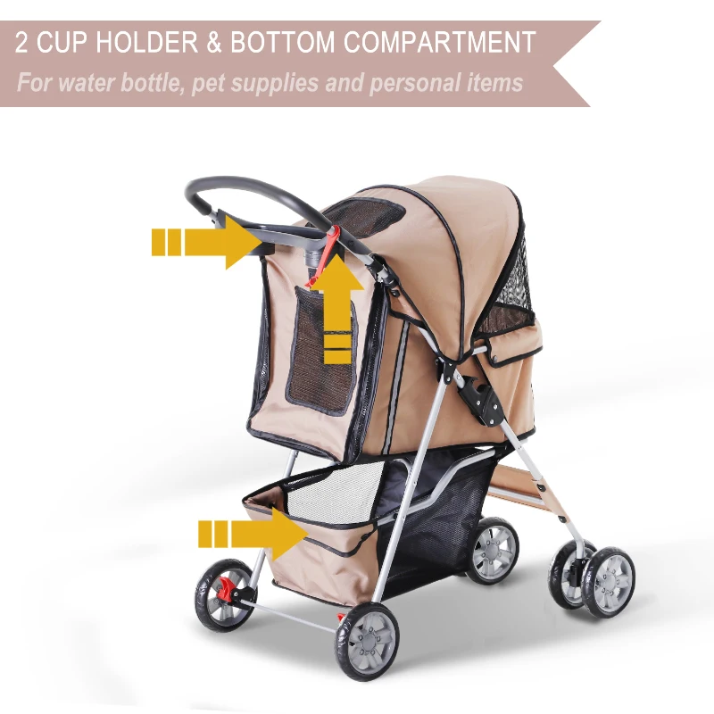 PawHut Puppy Stroller Pet Stroller Cat Dog Wheels Travel Zipper Entry Foldable Carrier Cart Cup Holder Brown