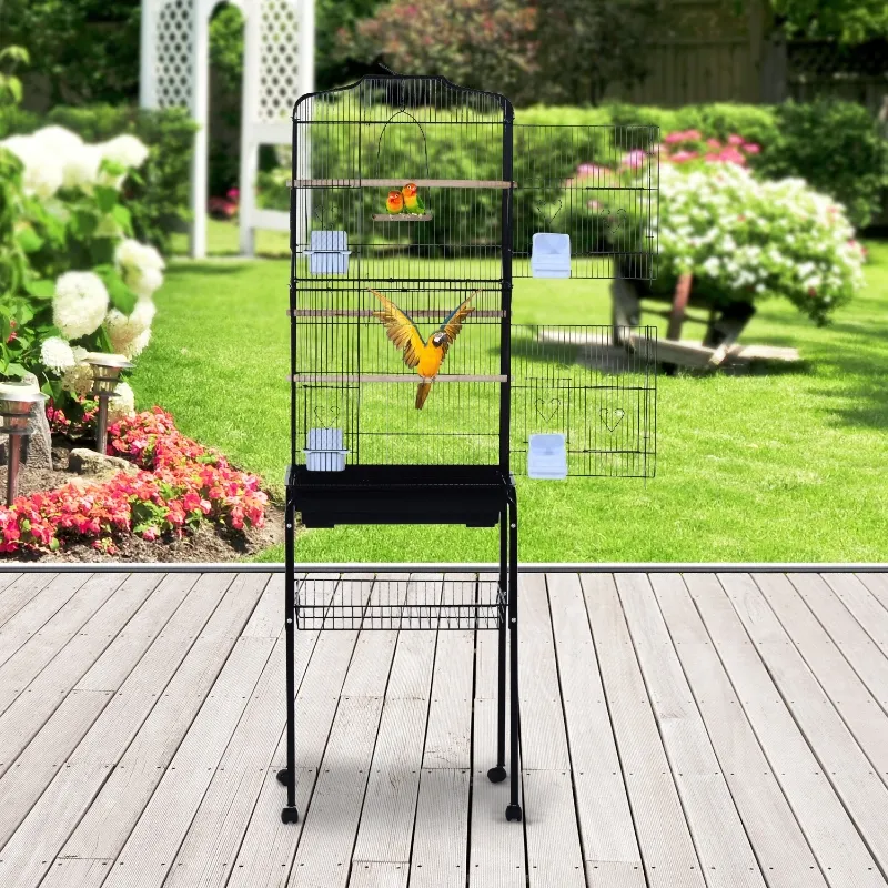 PawHut Budgie Cage 63" Rolling Bird Cage Macaw Cockatoo House Parrot Play Top Finch Pet Supply with Wheels Black