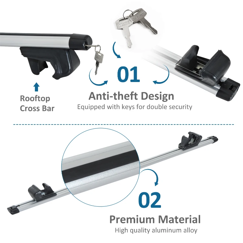 HOMCOM Cargoloc Crossbars Roof Top 2 PC Aluminum Cross Bars Lockable Adjustable Baggage Luggage Roof Rack, Silver (49")