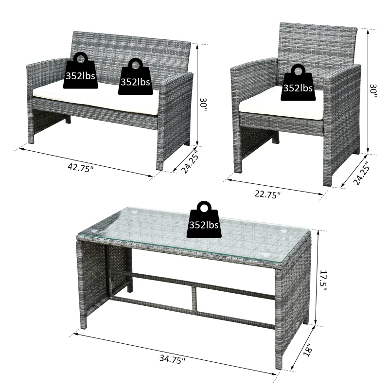Outsunny 4Pcs Rattan Sofa Set with Table & Cushion Patio Wicker Furniture Garden Lawn Chair