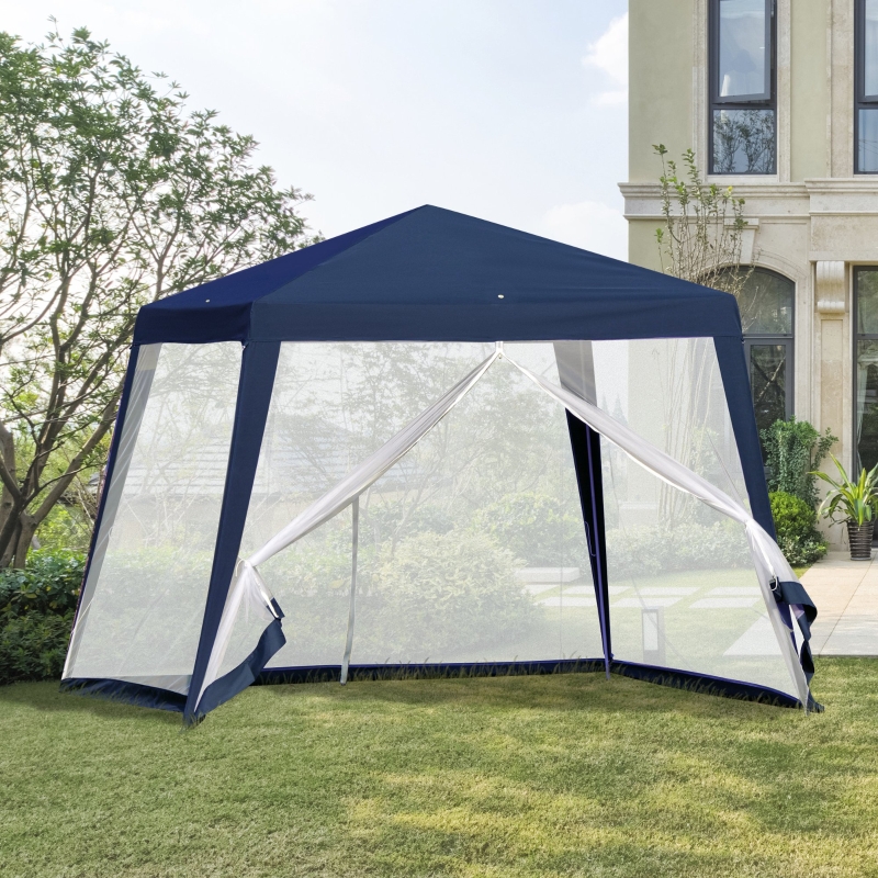 Outsunny 10x10ft Gazebo Tent w/ Netting Patio Canopy Outdoor Party Activity Sun Shade Garden Sun Shelter w/ Mesh Screen Walls Slant Leg Blue
