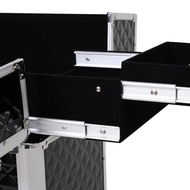 Homcom Makeup Case 20”Train Pro Aluminum Rolling Train Case Wheeled Box Upright Studded Black