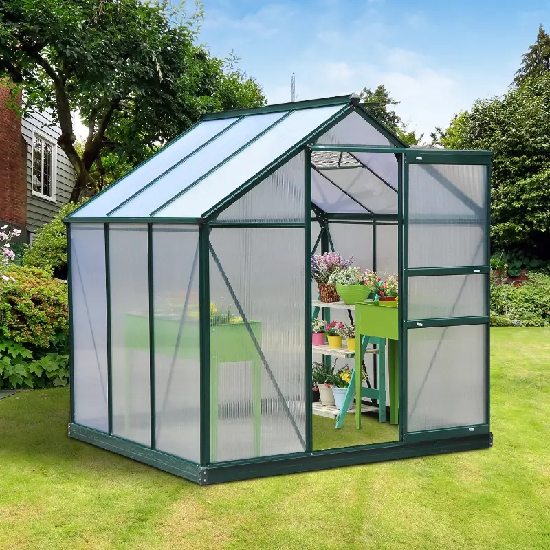 Outsunny 6.2' x 6.3' x 6.6' Clear Polycarbonate Greenhouse Large Walk-In Green House Garden Plants Grow Galvanized Base Aluminium Frame w/ Slide Door