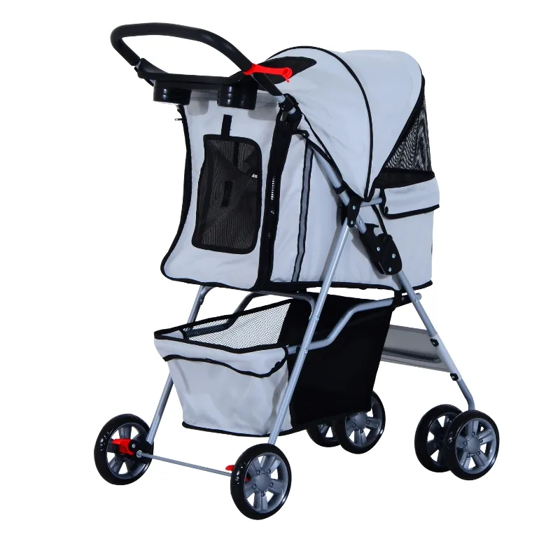 PawHut Jogging Stroller 4 Wheel Pet Stroller Carrier Folding Sunshade Oxford Cloth Canopy w/Brake Lightweight Reflective Strip Grey