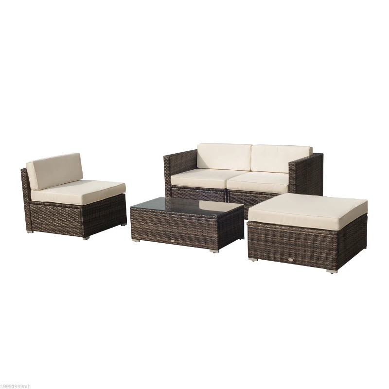 Outsunny 5PC Outdoor Rattan Wicker Sofa Set Aluminum Frame Garden Sectional Patio Furniture with Table Brown