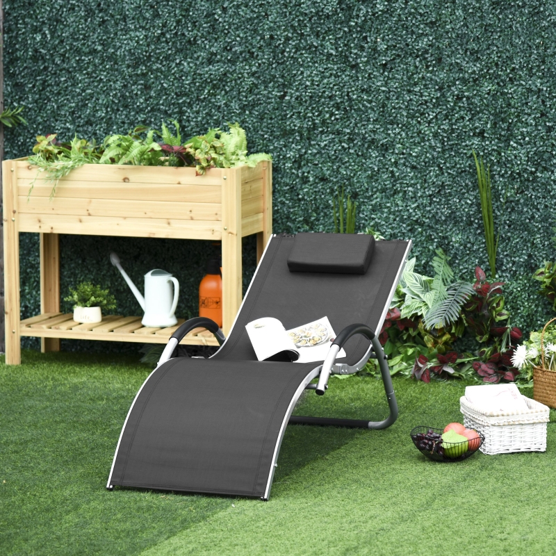 Outsunny Ergonomic Lounger Chair Portable Armchair with Removable Headrest Pillow for Garden Patio Outside All Aluminum Frame Black
