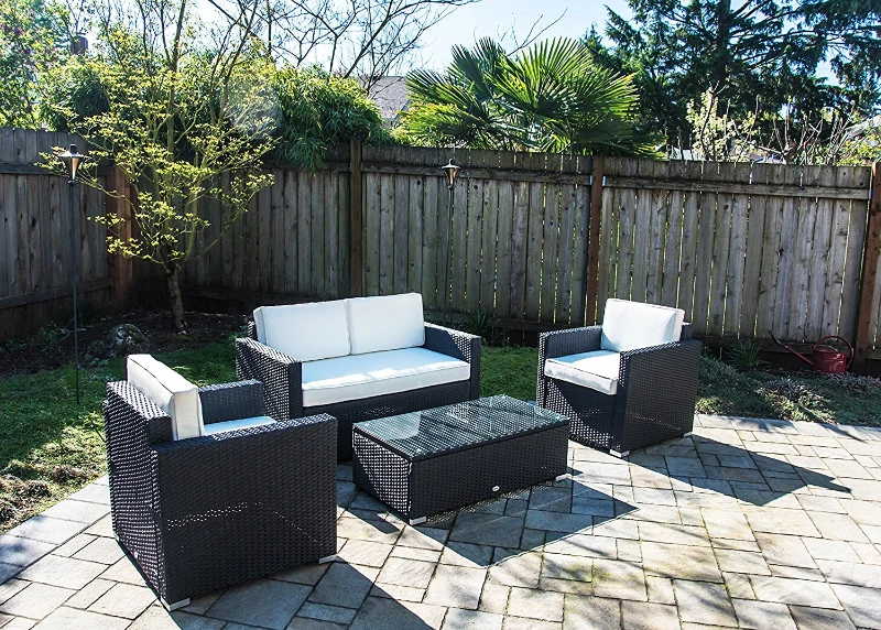 Outsunny Patio Sectional 4pcs Outdoor Rattan Wicker Sofa Set Outdoor Furniture with Cushions 