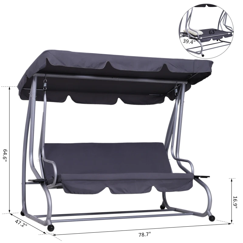 [Pick UP] Outsunny Heavy-duty Metal 3 Seater Covered Outdoor Swing Chair Garden Hammock and Bed with Frame, Canopy and 2 Pillows (Grey)