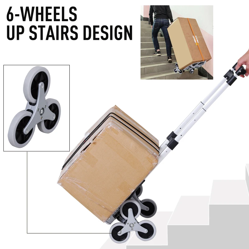 DURHAND 6-Wheels Up Stairs Trolley Hand Trucks Foldable Steel Load Cart W/ Fixed Rope