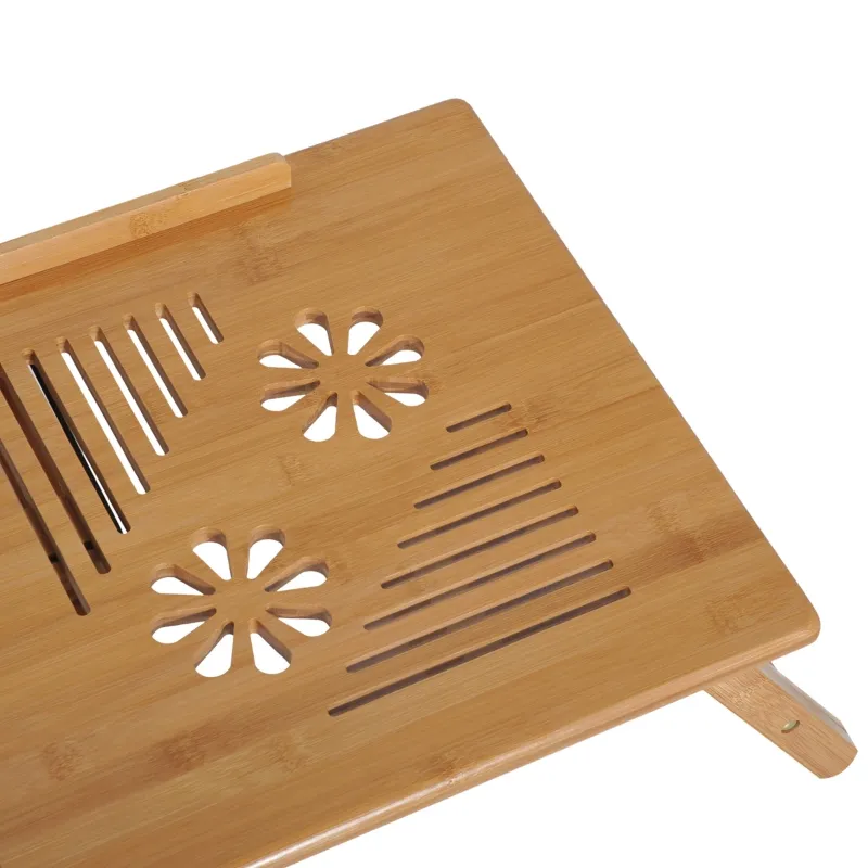 HOMCOM Bed Tray Table Foldable Bamboo Wood Laptop Stand Notebook Desk Table with Drawer, Adjustable Cooling Bed and Legs