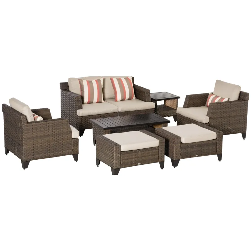 Outsunny 8 Pieces Wicker Patio Furniture Set, Outdoor PE Rattan Sectional Conversation Sofa Set w/ Aluminum Plate Top Table, Side Table & Cushions for Garden, Backyard, Beige