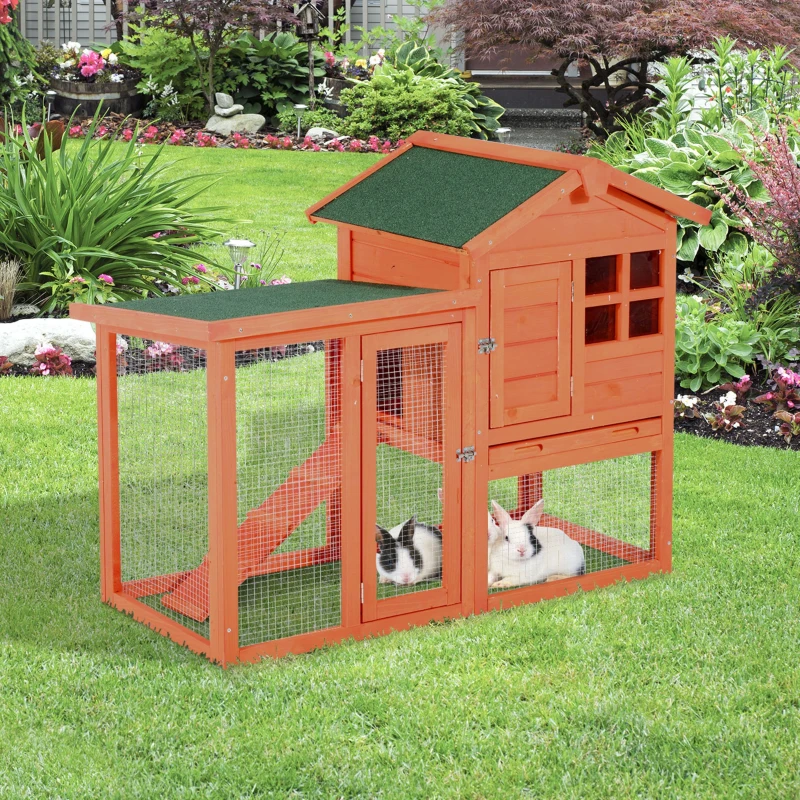 PawHut 48" x 24" x 36" Deluxe Waterproof Wooden Rabbit House with Ladder and Run