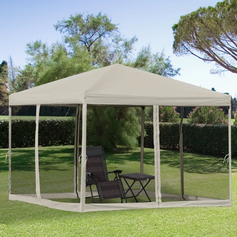 Outsunny 10' x 10' Pop Up Canopy Tent Gazebo with Removable Mesh Sidewall Netting, Carry Bag for Backyard Patio Outdoor, Beige