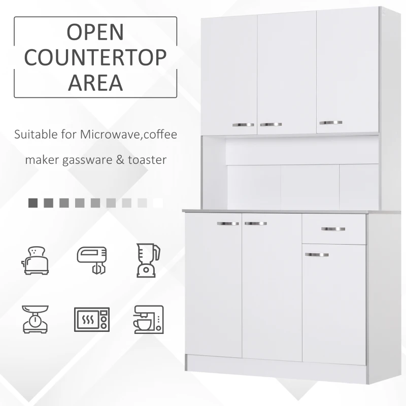 HOMCOM White Kitchen Cupboards 71” Buffet Server Microwave Storage Cabinet Hutch- White