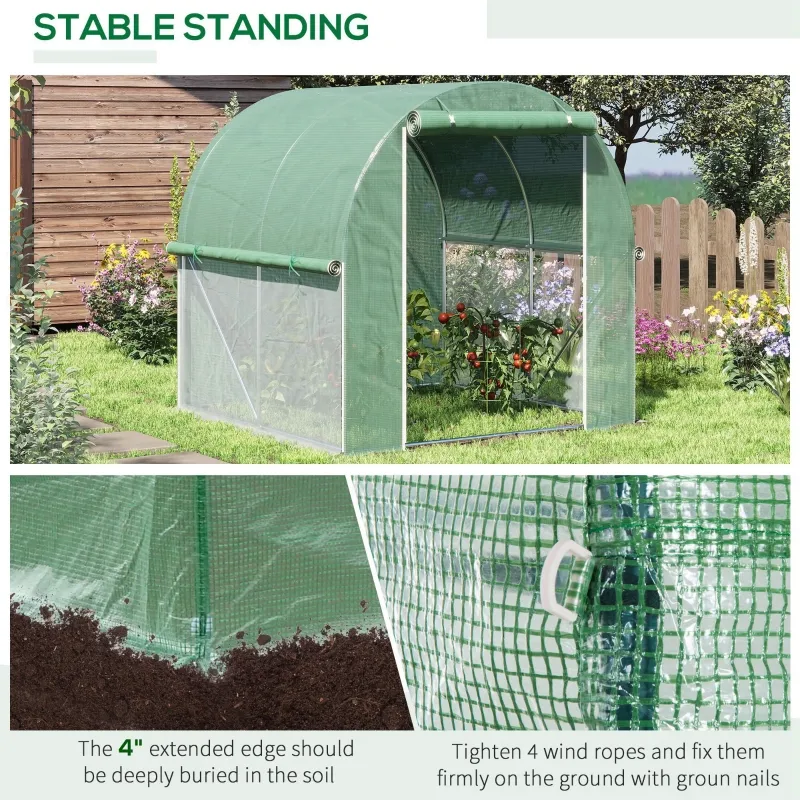 Outsunny 6.6' x 6.6' x 6.6' Tunnel Greenhouse Outdoor Walk-In Hot House with Roll-up Windows and Zippered Door, Steel Frame, PE Cover, Green