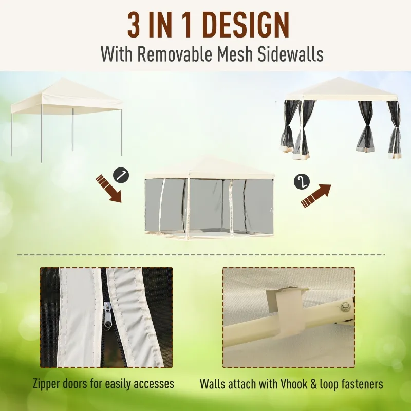 Outsunny 10' x 10' Pop Up Canopy Tent Gazebo with Removable Mesh Sidewall Netting, Carry Bag for Backyard Patio Outdoor, Beige