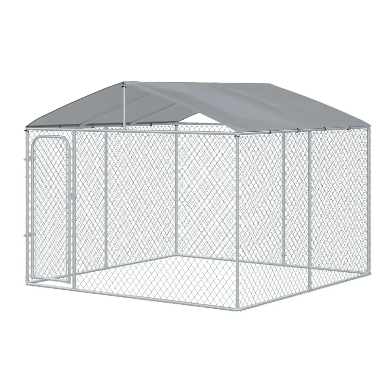 PawHut Outside Dog Kennels 10'Lx10'Wx6'H Large Outdoor Dog Playpen Galvanized Pet Exercise House Cage with Canopy Roof, Silver