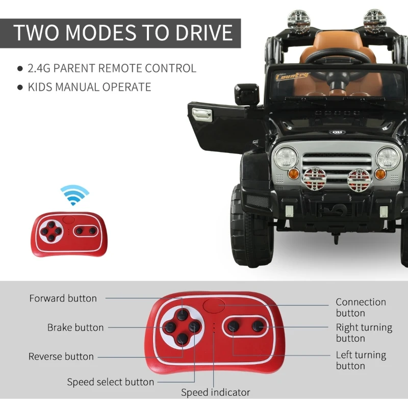 Aosom 12V Power Wheels Jeep Electric Cars Ride On Toy Truck With Remote Control For 3-6 Years Old Kids 2 Speeds Lights Mp3 Lcd Indicator Black