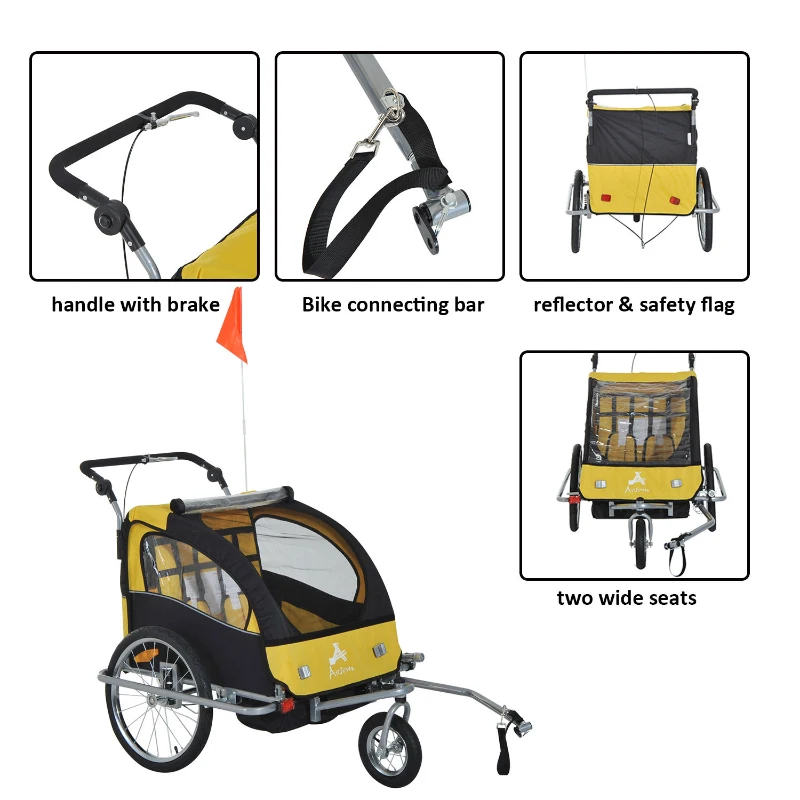 Aosom 2-IN-1 Double Baby Bike Trailer Child Carrier Stroller Jogger Bicycle Trailer Foldable Black & Yellow | Aosom Canada